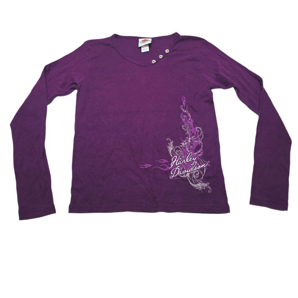 Harley Davidson Women’s Button Accent V-Neck Graphic Long Sleeve Shirt Purple M
